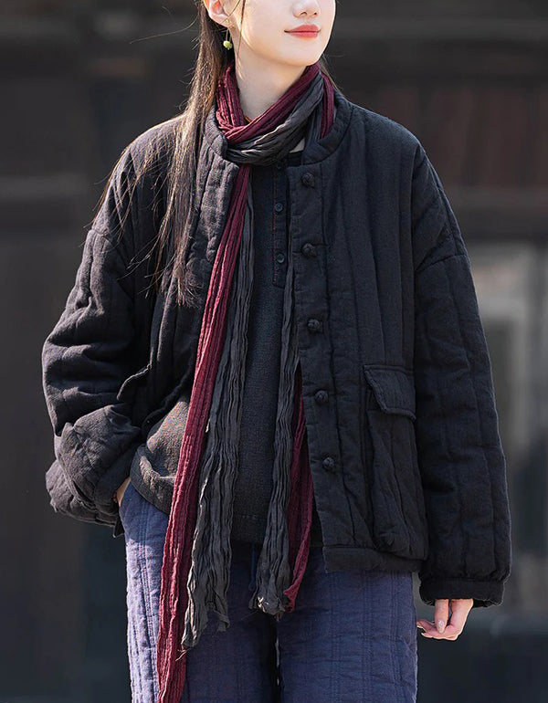 Winter Women Retro Loose Stand Collar Cotton Puffer Jacket