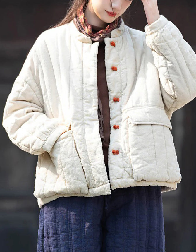 Winter Women Retro Loose Stand Collar Cotton Puffer Jacket