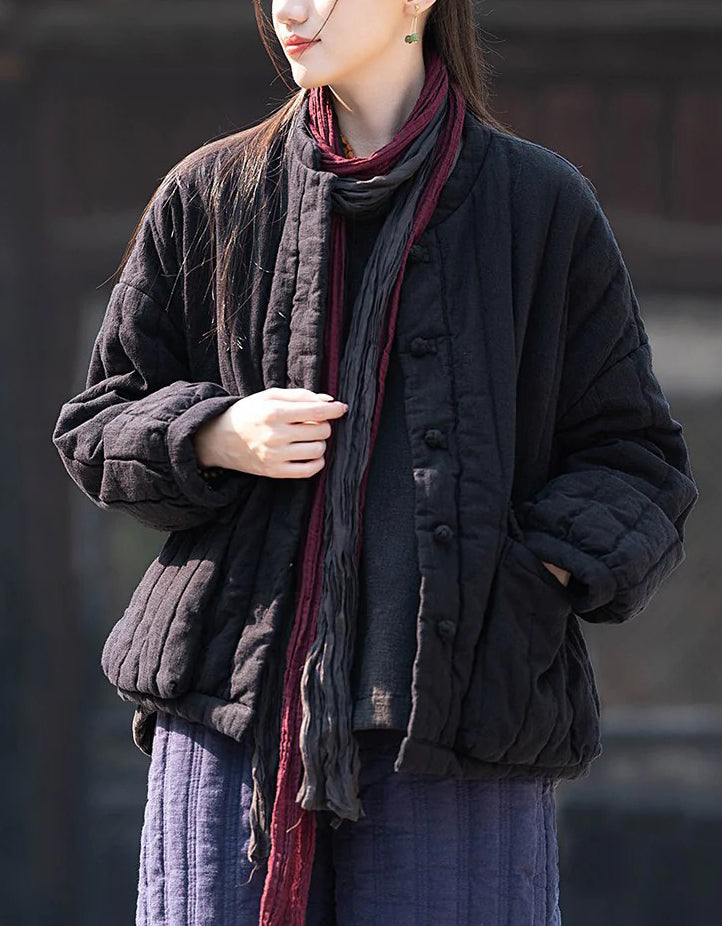 Winter Women Retro Loose Stand Collar Cotton Puffer Jacket