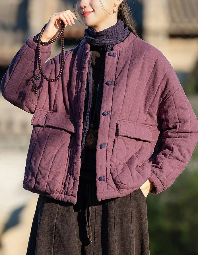 Winter Women Retro Loose Stand Collar Cotton Puffer Jacket