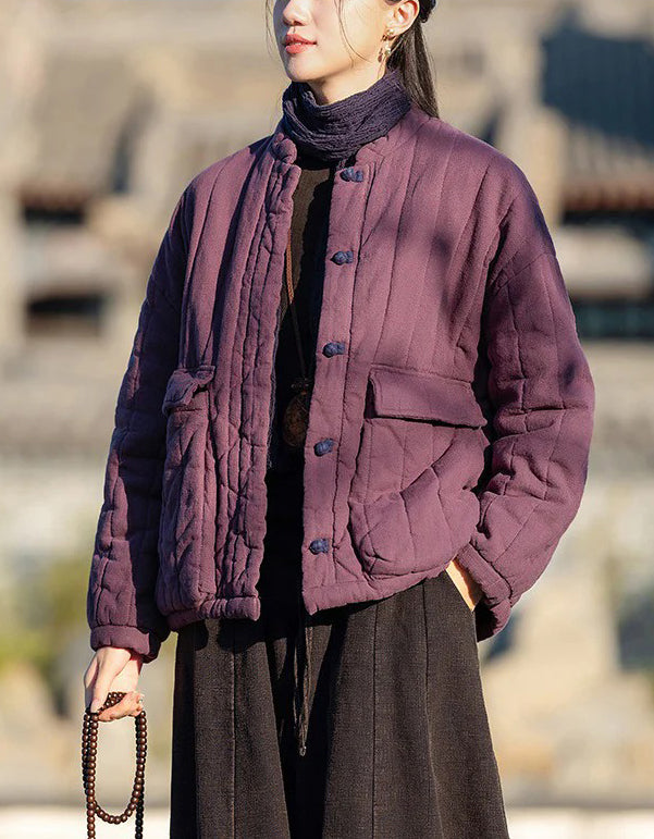 Winter Women Retro Loose Stand Collar Cotton Puffer Jacket