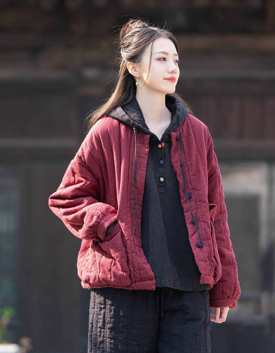 Winter Women Retro Loose Stand Collar Cotton Puffer Jacket