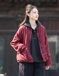 Winter Women Retro Loose Stand Collar Cotton Puffer Jacket