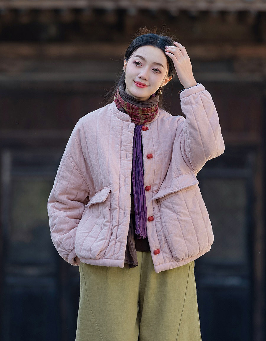 Winter Women Retro Loose Stand Collar Cotton Puffer Jacket