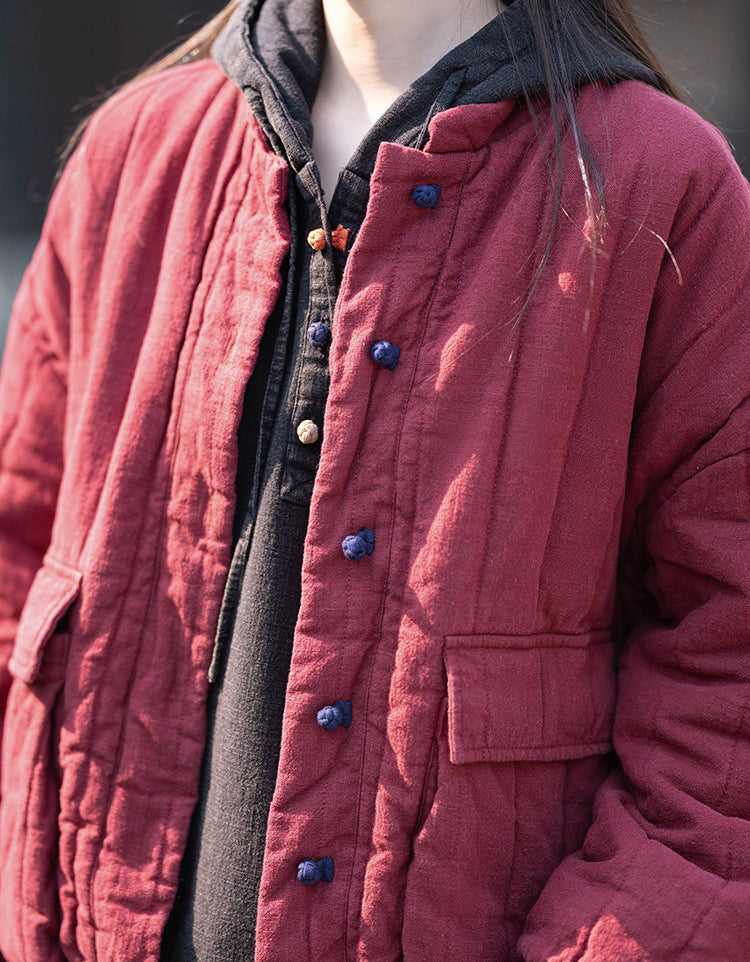 Winter Women Retro Loose Stand Collar Cotton Puffer Jacket