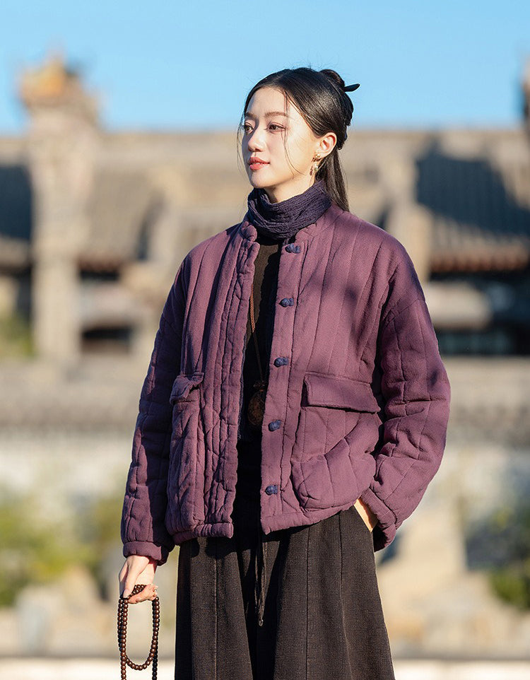 Winter Women Retro Loose Stand Collar Cotton Puffer Jacket