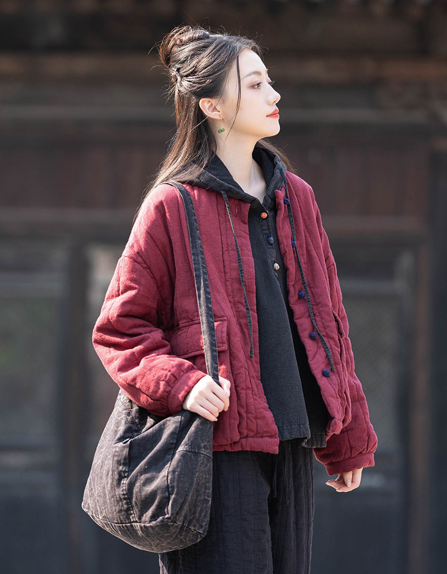 Winter Women Retro Loose Stand Collar Cotton Puffer Jacket