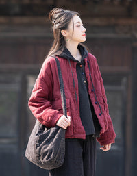 Winter Women Retro Loose Stand Collar Cotton Puffer Jacket