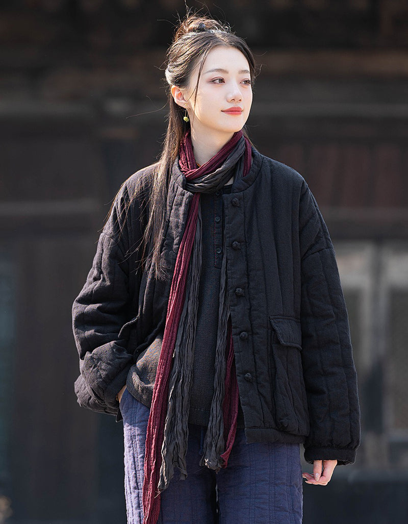 Winter Women Retro Loose Stand Collar Cotton Puffer Jacket