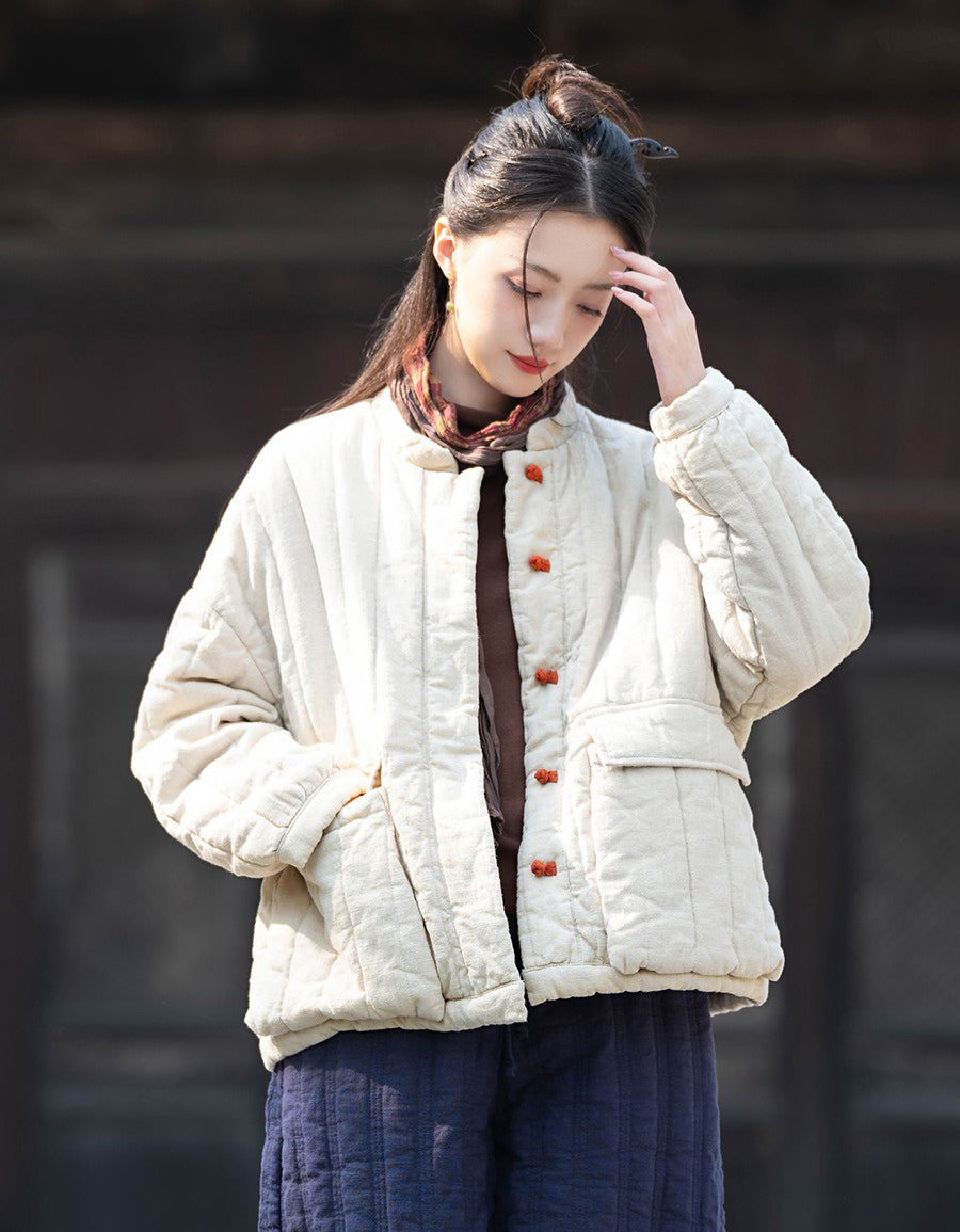 Winter Women Retro Loose Stand Collar Cotton Puffer Jacket