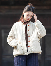 Winter Women Retro Loose Stand Collar Cotton Puffer Jacket