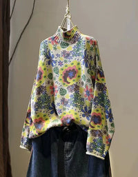 Winter Women Vintage Mock Neck Floral Knit Sweater - Islinen