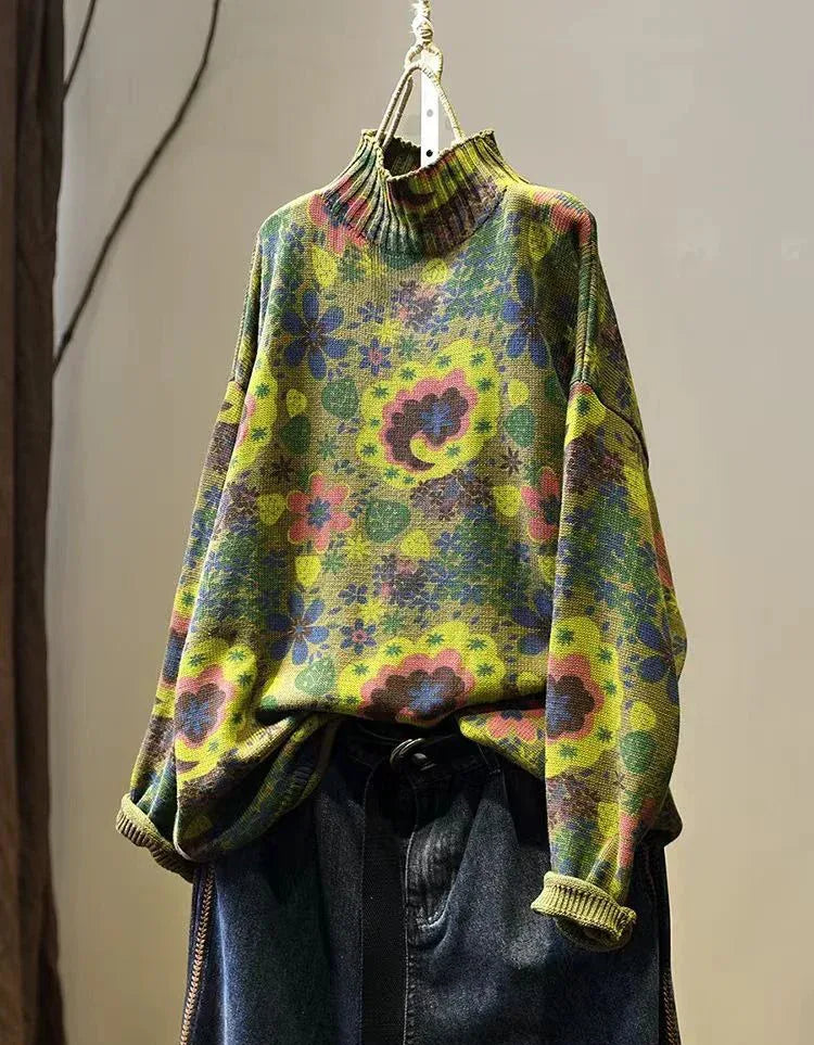 Winter Women Vintage Mock Neck Floral Knit Sweater - Islinen