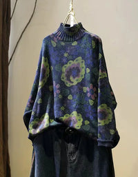 Winter Women Vintage Mock Neck Floral Knit Sweater - Islinen