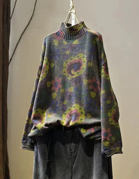 Winter Women Vintage Mock Neck Floral Knit Sweater - Islinen