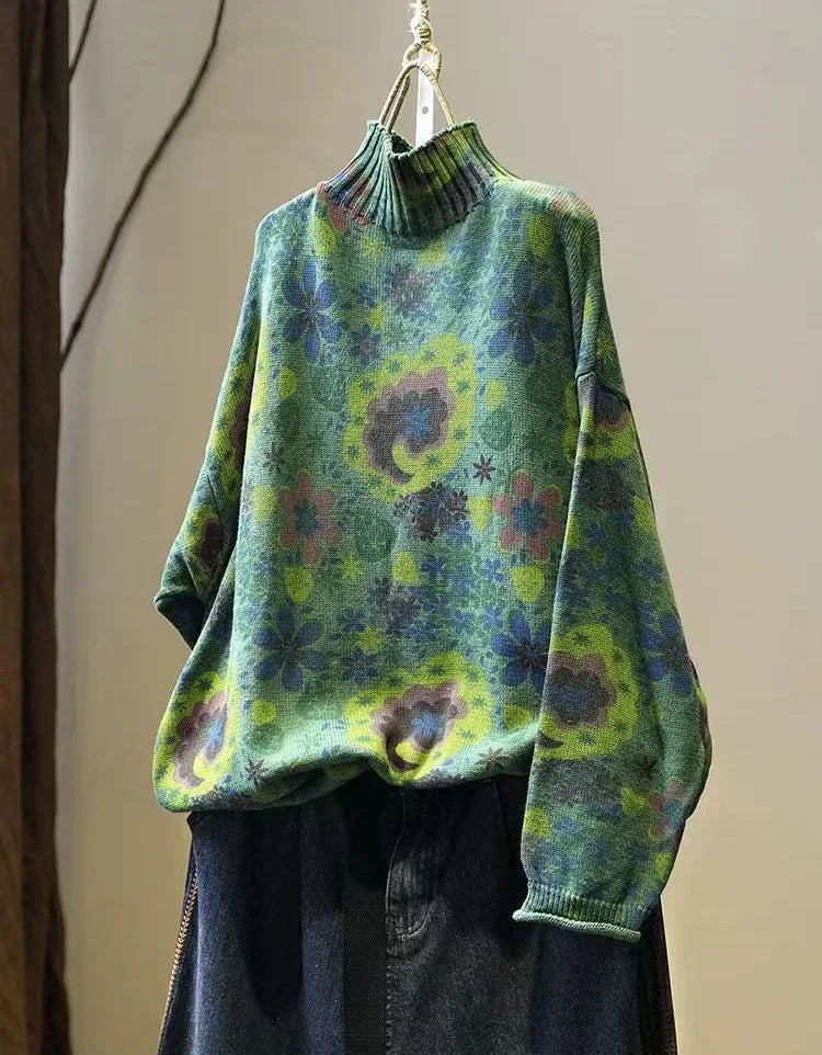 Winter Women Vintage Mock Neck Floral Knit Sweater - Islinen