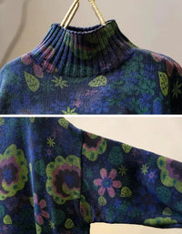Winter Women Vintage Mock Neck Floral Knit Sweater - Islinen