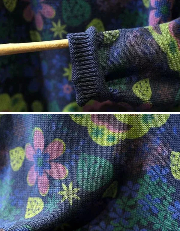 Winter Women Vintage Mock Neck Floral Knit Sweater - Islinen