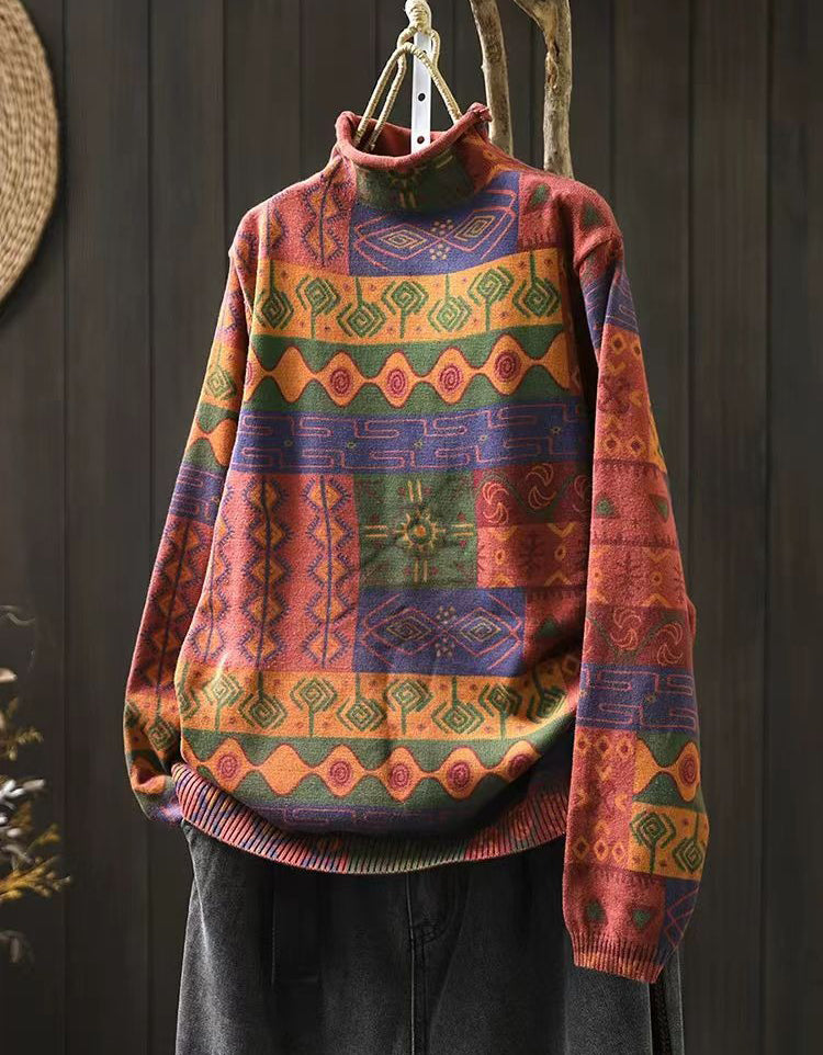 Winter Women Vintage Turtleneck Knit Geometric Sweater