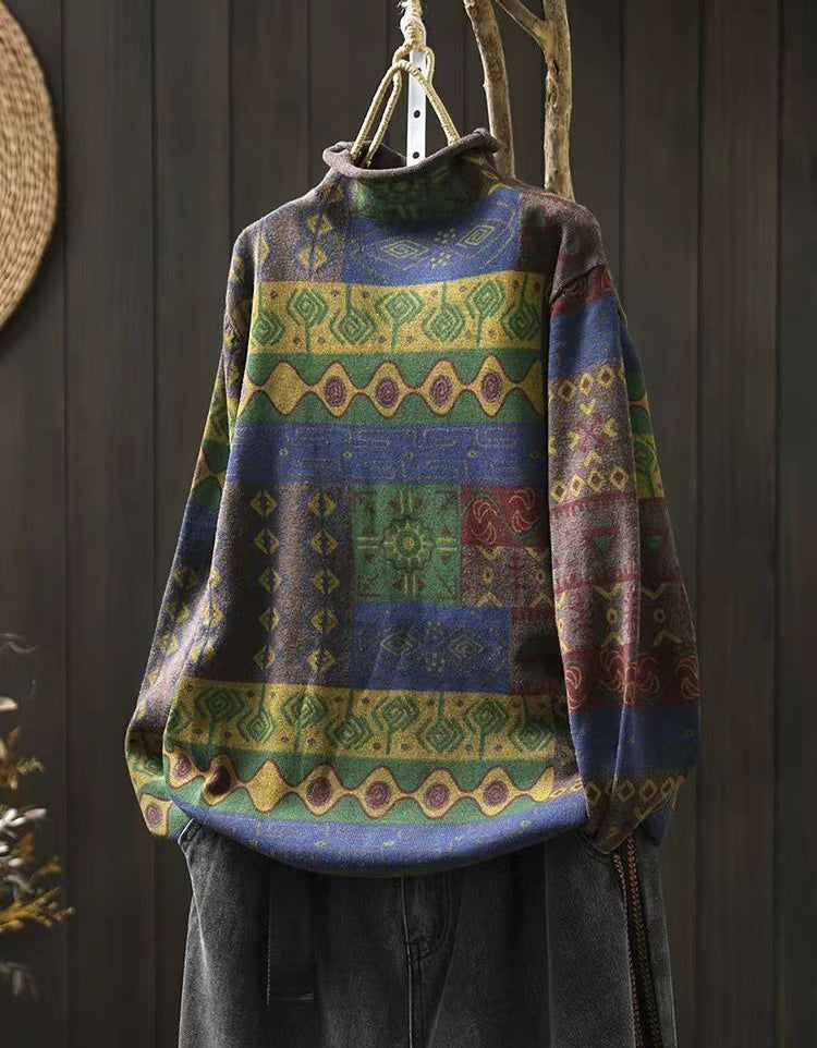 Winter Women Vintage Turtleneck Knit Geometric Sweater