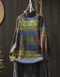 Winter Women Vintage Turtleneck Knit Geometric Sweater