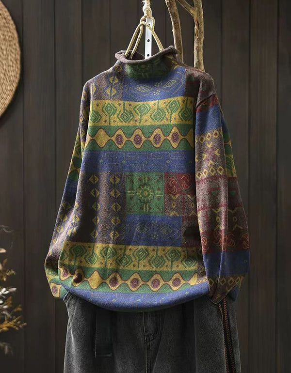 Winter Women Vintage Turtleneck Knit Geometric Sweater