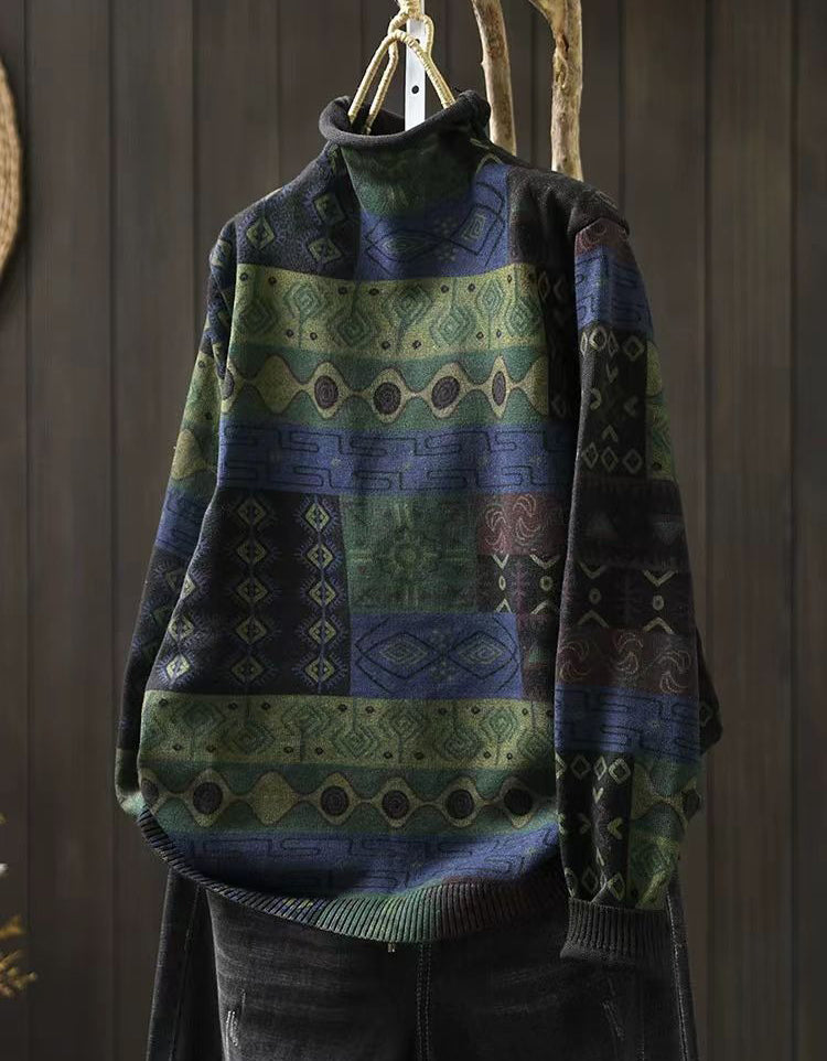 Winter Women Vintage Turtleneck Knit Geometric Sweater