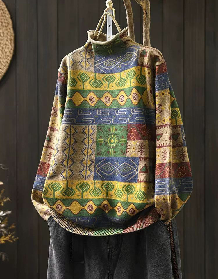 Winter Women Vintage Turtleneck Knit Geometric Sweater
