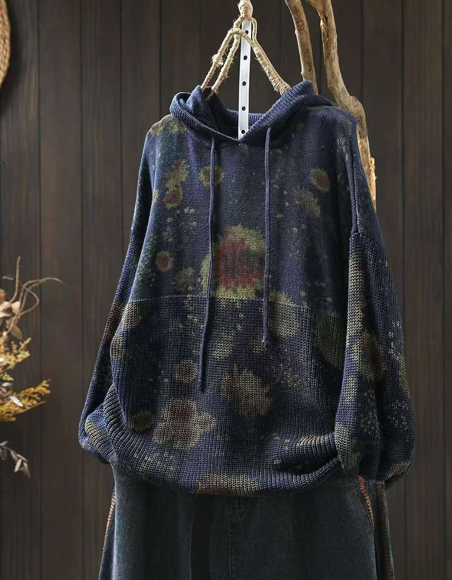 Winter Women’s Oversized Floral Knit Hoodie Sweater