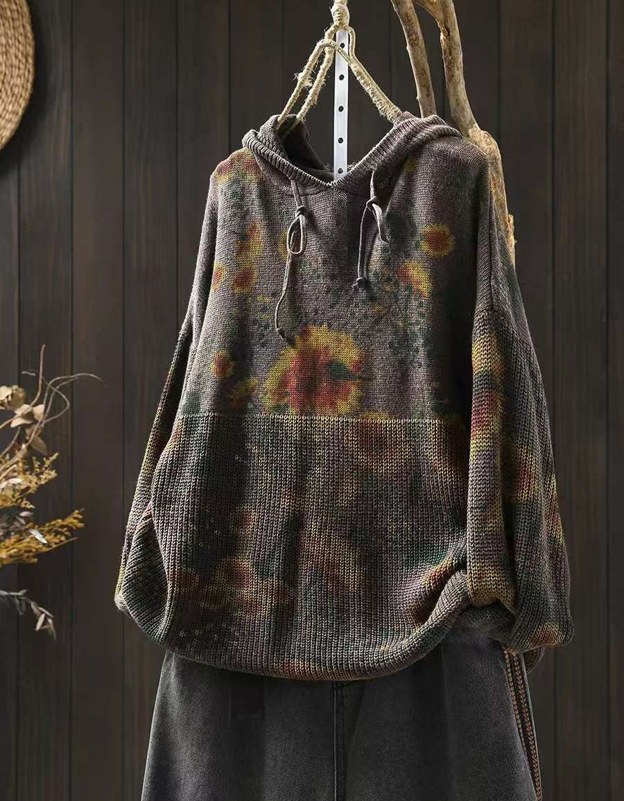 Winter Women’s Oversized Floral Knit Hoodie Sweater