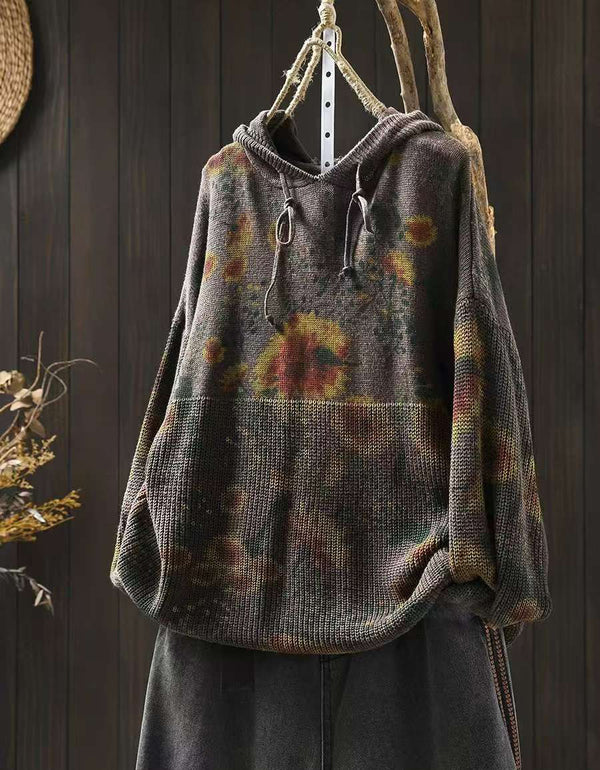 Winter Women’s Oversized Floral Knit Hoodie Sweater