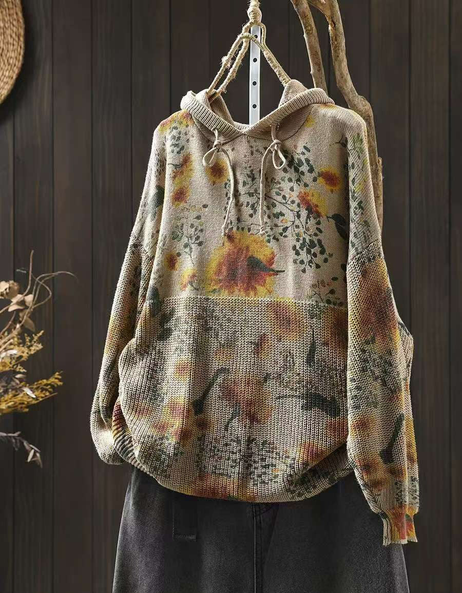 Winter Women’s Oversized Floral Knit Hoodie Sweater