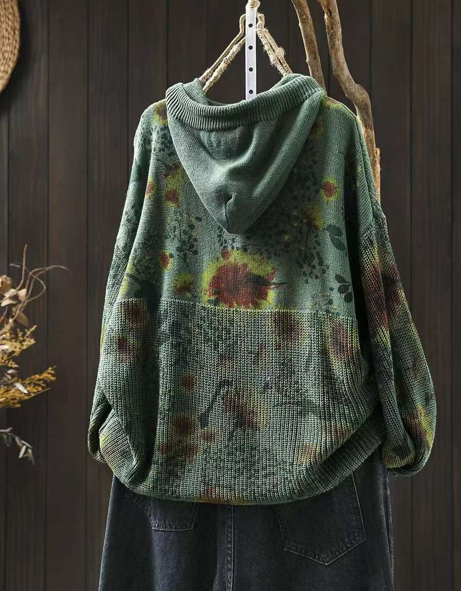 Winter Women’s Oversized Floral Knit Hoodie Sweater