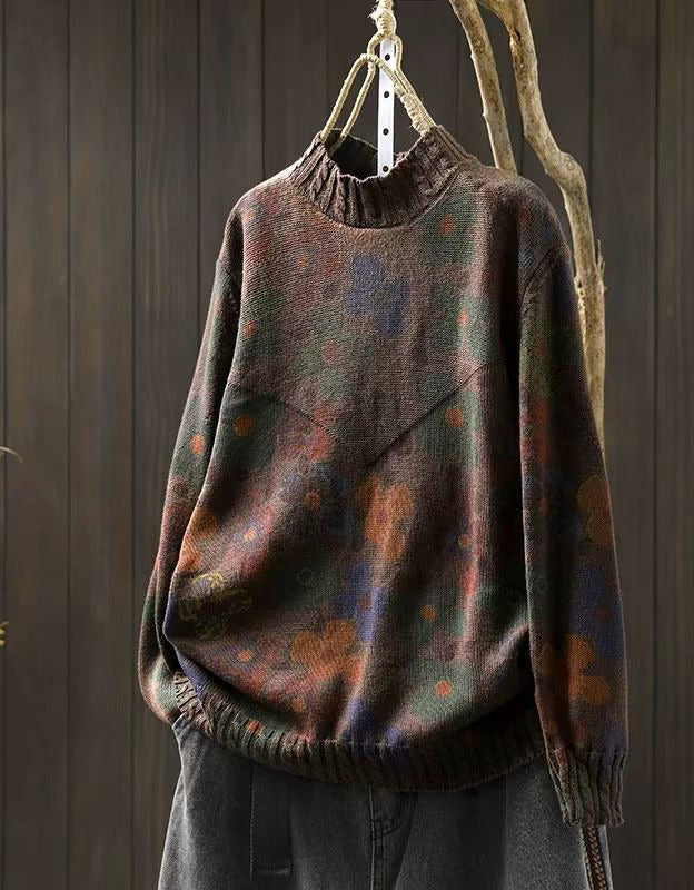 Winter Women’s Retro Floral Knit Mock Neck Sweater