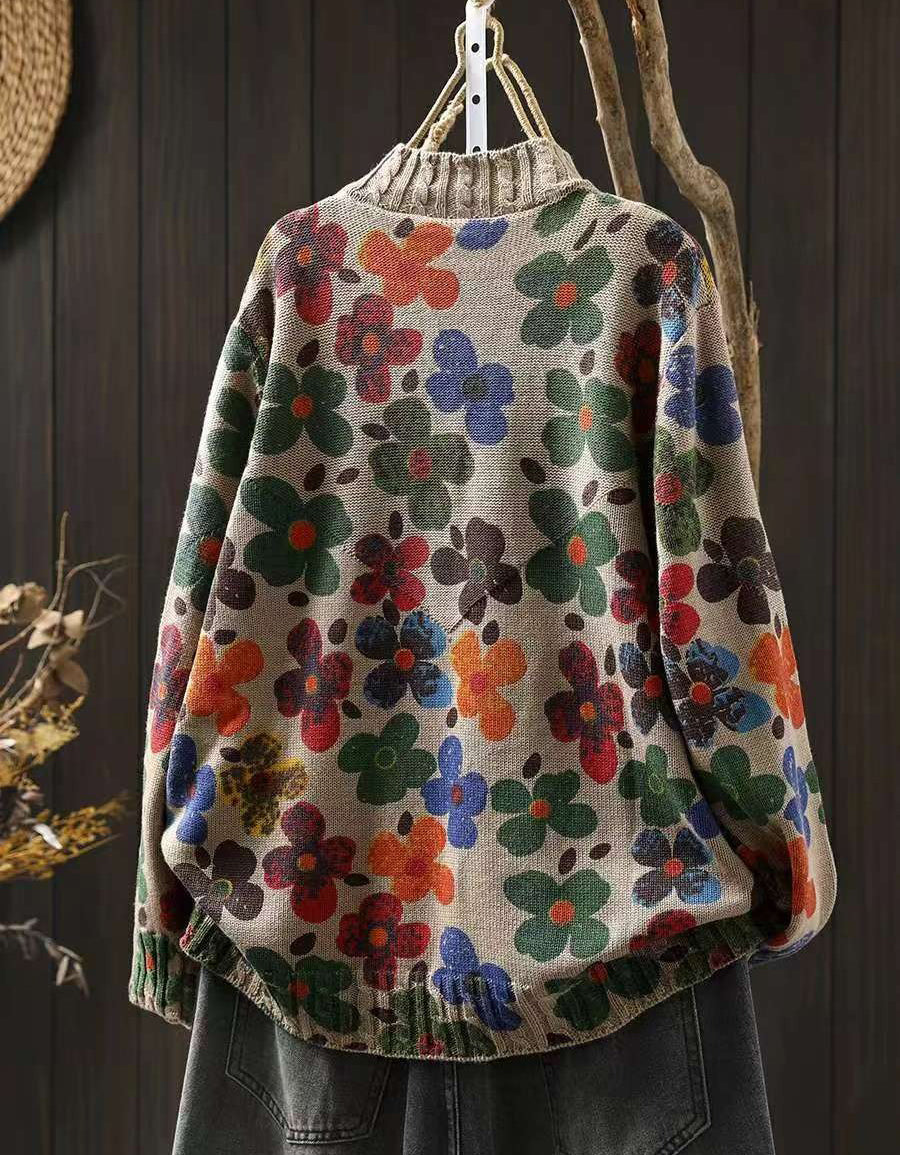 Winter Women’s Retro Floral Knit Mock Neck Sweater