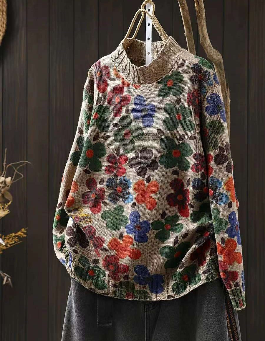 Winter Women’s Retro Floral Knit Mock Neck Sweater
