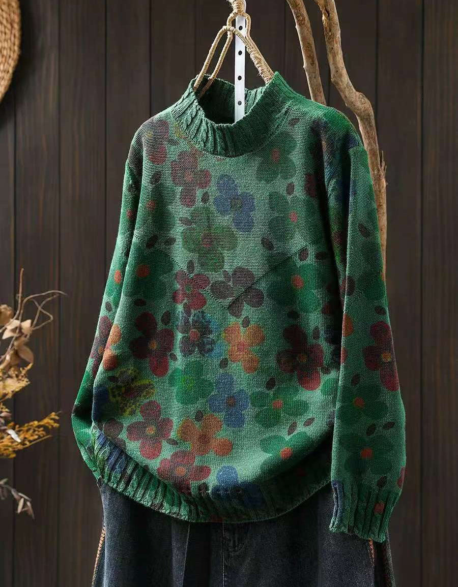 Winter Women’s Retro Floral Knit Mock Neck Sweater
