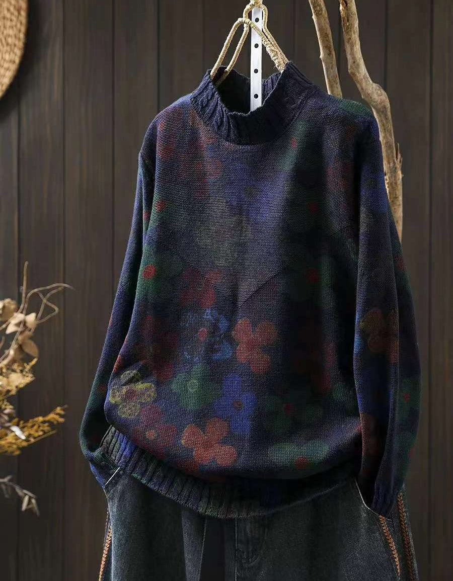 Winter Women’s Retro Floral Knit Mock Neck Sweater