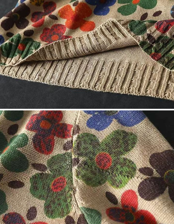 Winter Women’s Retro Floral Knit Mock Neck Sweater