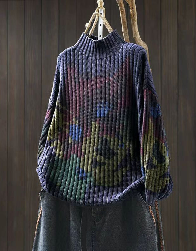 Winter Women Retro Floral Knit High Neck Sweater