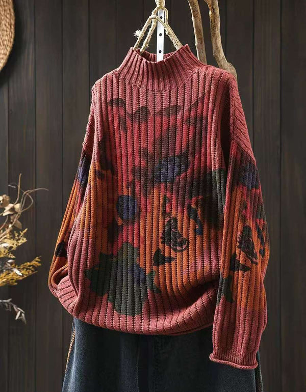 Winter Women Retro Floral Knit High Neck Sweater