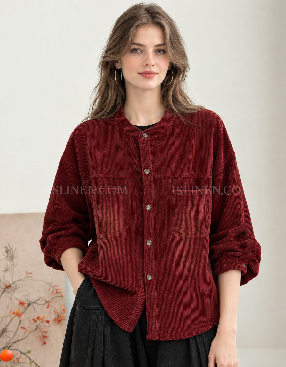 Women's Burgundy Oversized Corduroy Button-Up Shirt