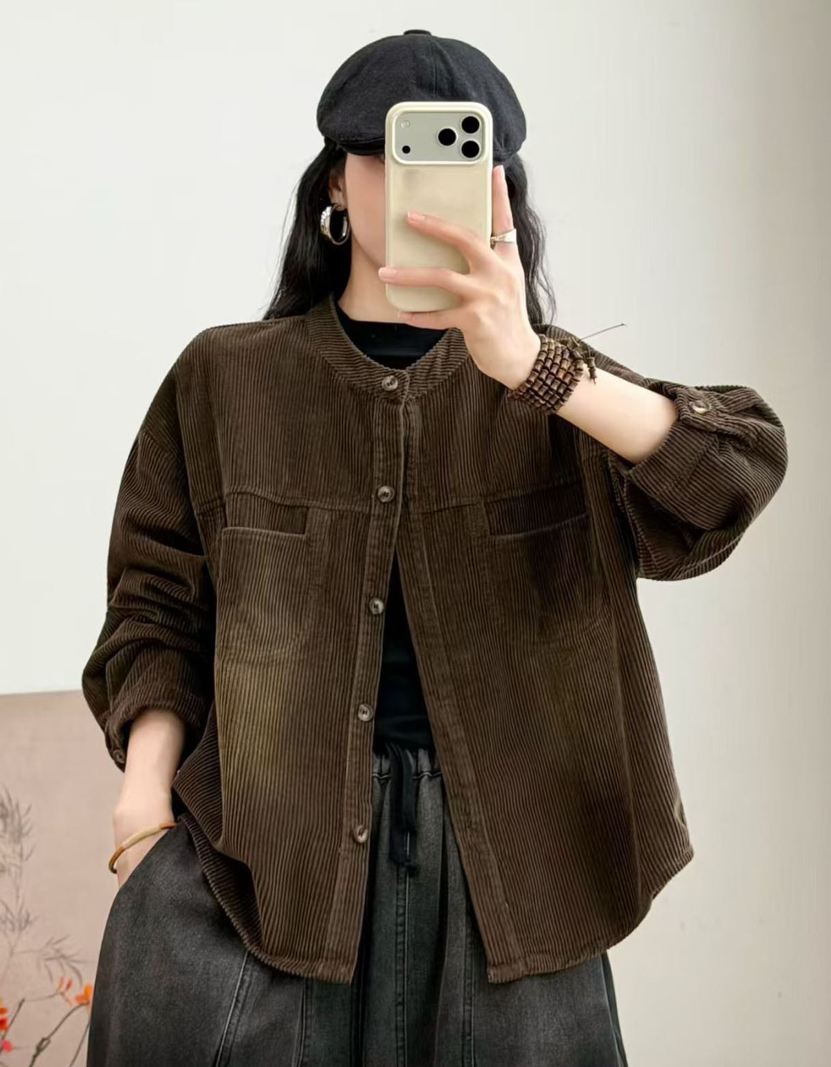 Burgundy Corduroy Button-Up Shirt for Women