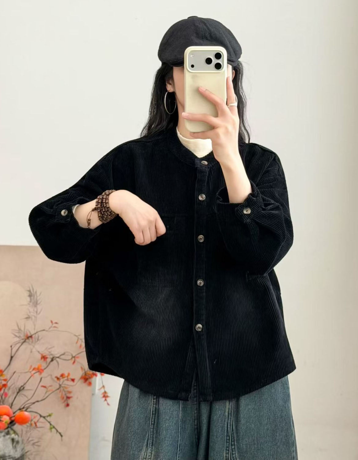Oversized Burgundy Corduroy Shirt with Chest Pockets