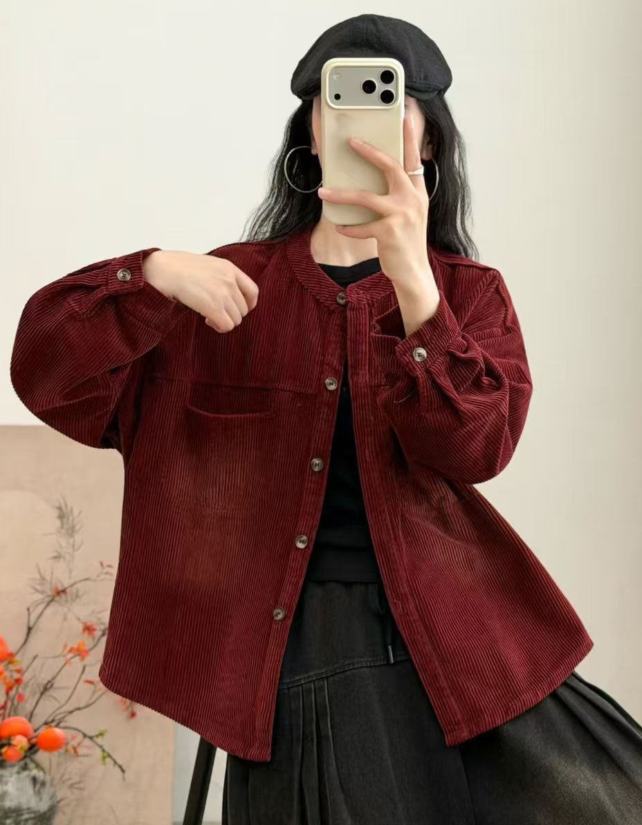 Women's Casual Burgundy Corduroy Button-Up Top