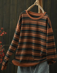 Women Autumn Casual Stripe Pattern Round Neck Blouse
