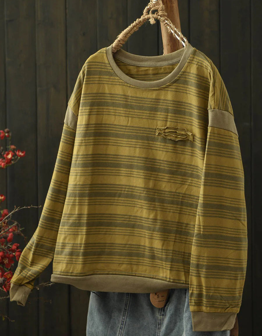 Women Autumn Casual Stripe Pattern Round Neck Blouse