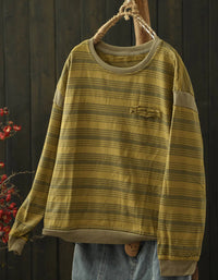 Women Autumn Casual Stripe Pattern Round Neck Blouse
