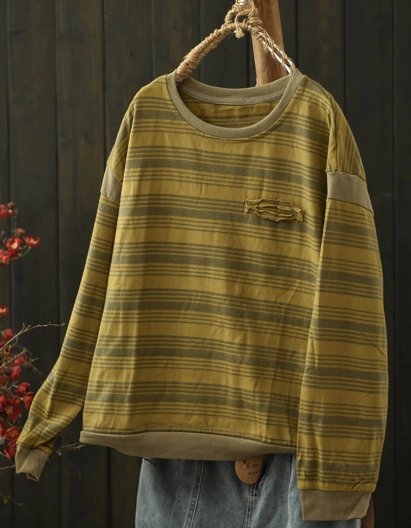 Women Autumn Casual Stripe Pattern Round Neck Blouse