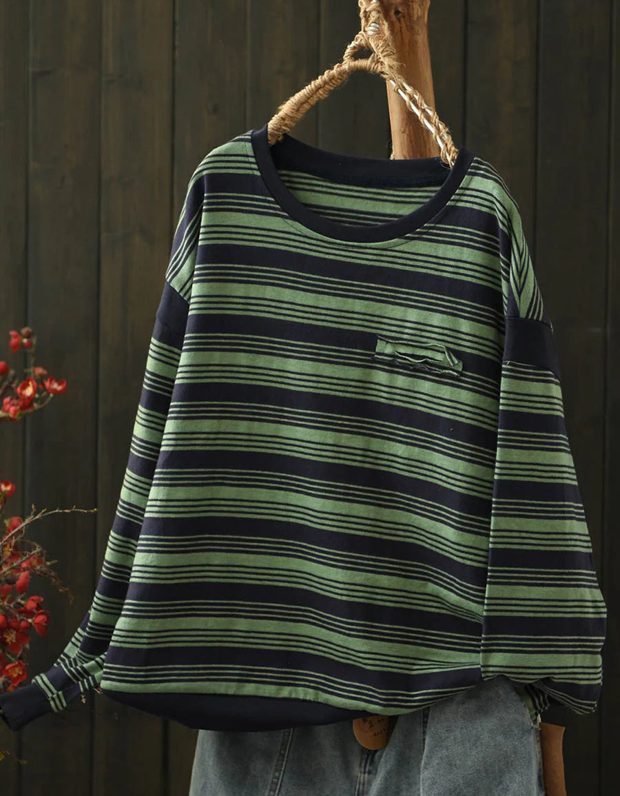Women Autumn Casual Stripe Pattern Round Neck Blouse